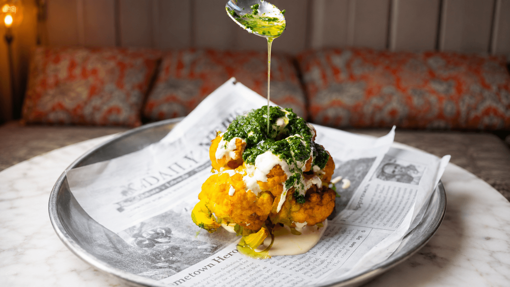 Roasted cauliflower with herb sauces at Mia Market